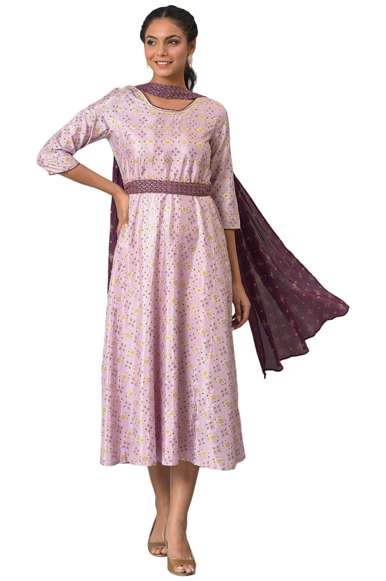 Aurelia WomenS Liva Purple Sequined Floral Print Dress With Zari Embroidered Dupatta_22Auas13627-505191_Xl