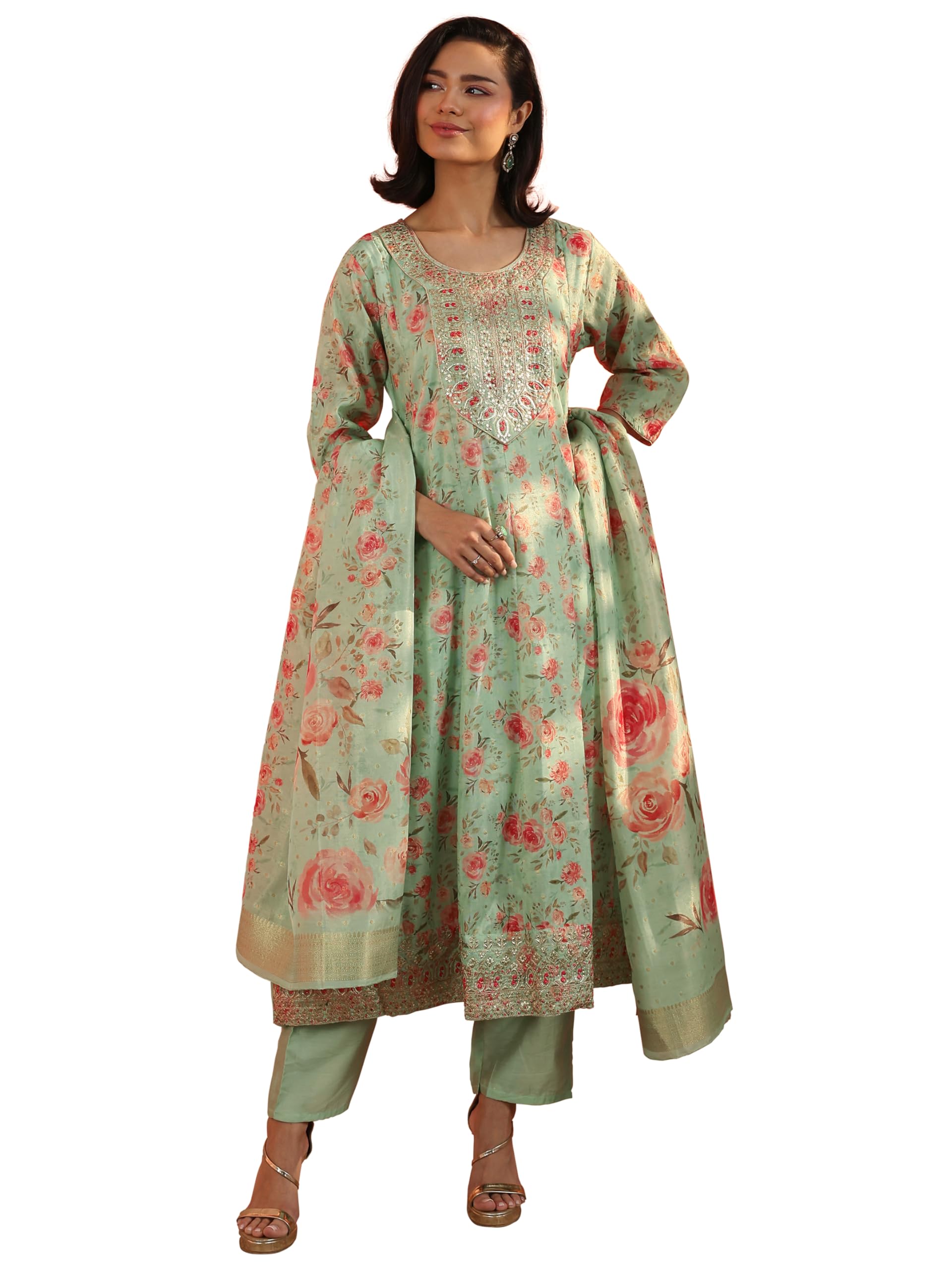 Libas Green Embellishments Silk blend A (line Kurta set for Women (51064XXL)