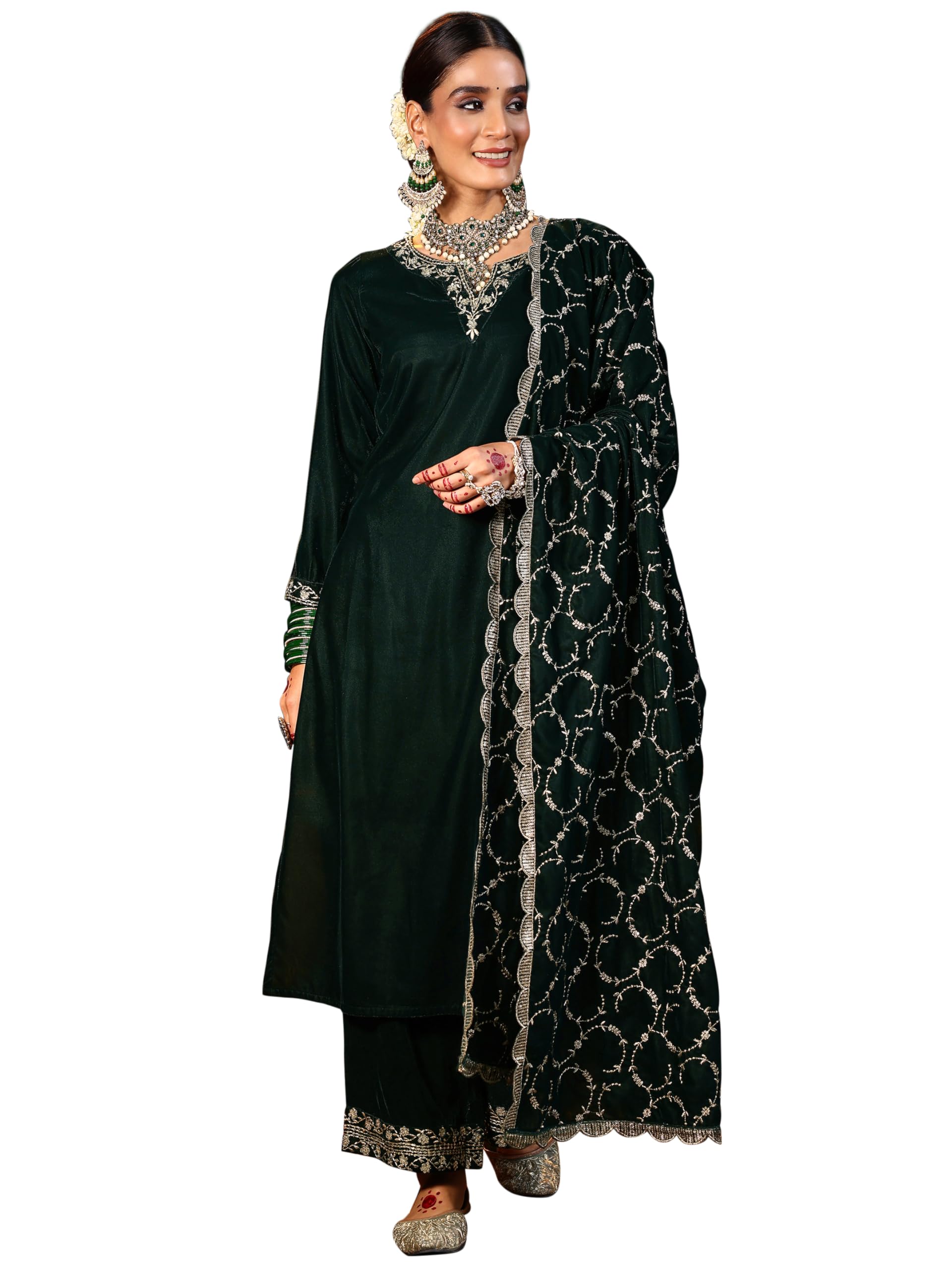 Libas WomenS Velvet Yoke Design Kurta Set (39040_Green