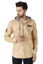 Besix MenS Brown Tailored Fit Cotton Blend Shirt For Man With Hoodie - Casual Long Sleeve Shirt With Pockets - Patch Detail For