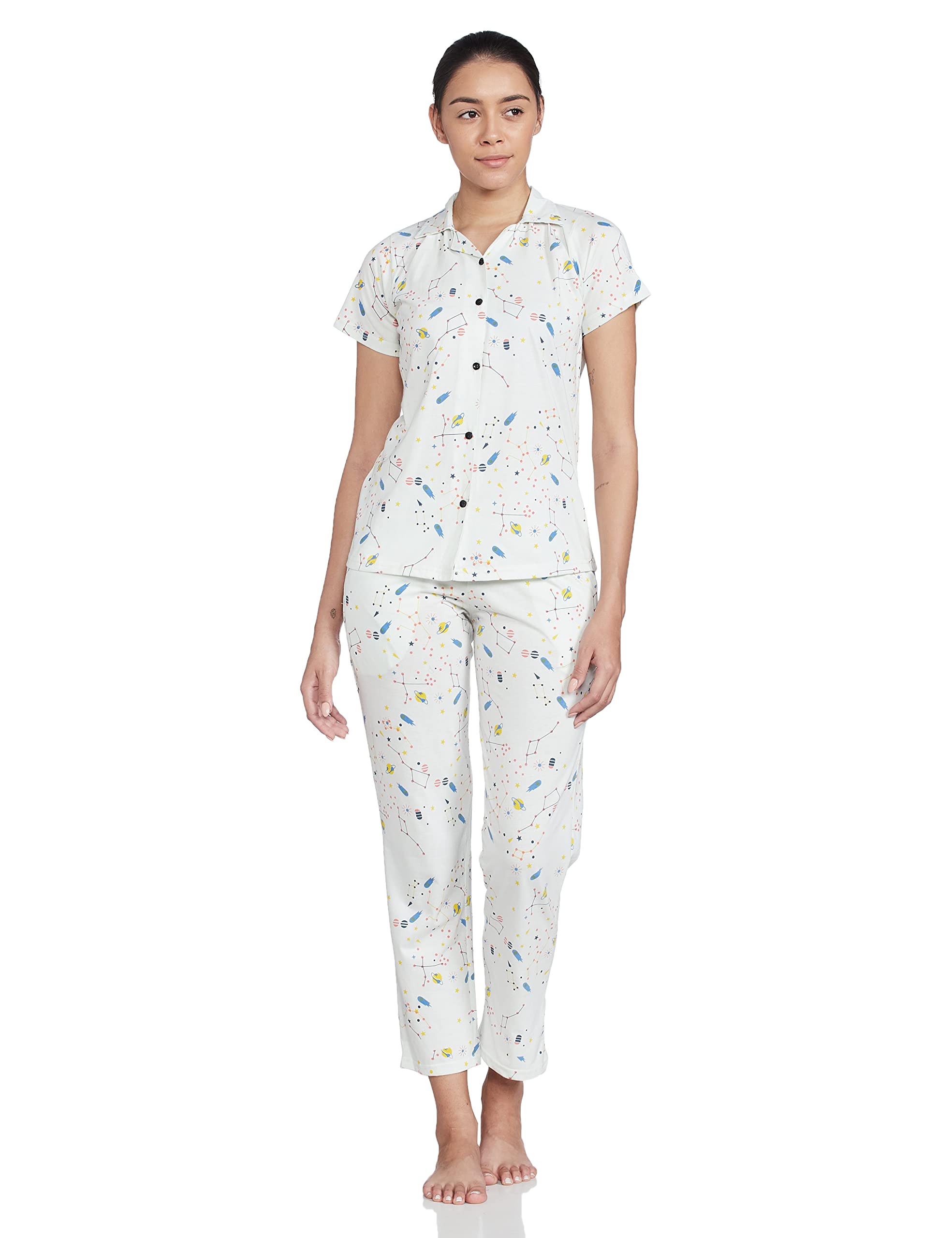 Clovia Womens Cotton Button Me Up Shirt & Pyjama Set (LS0025A03_Blue_M)
