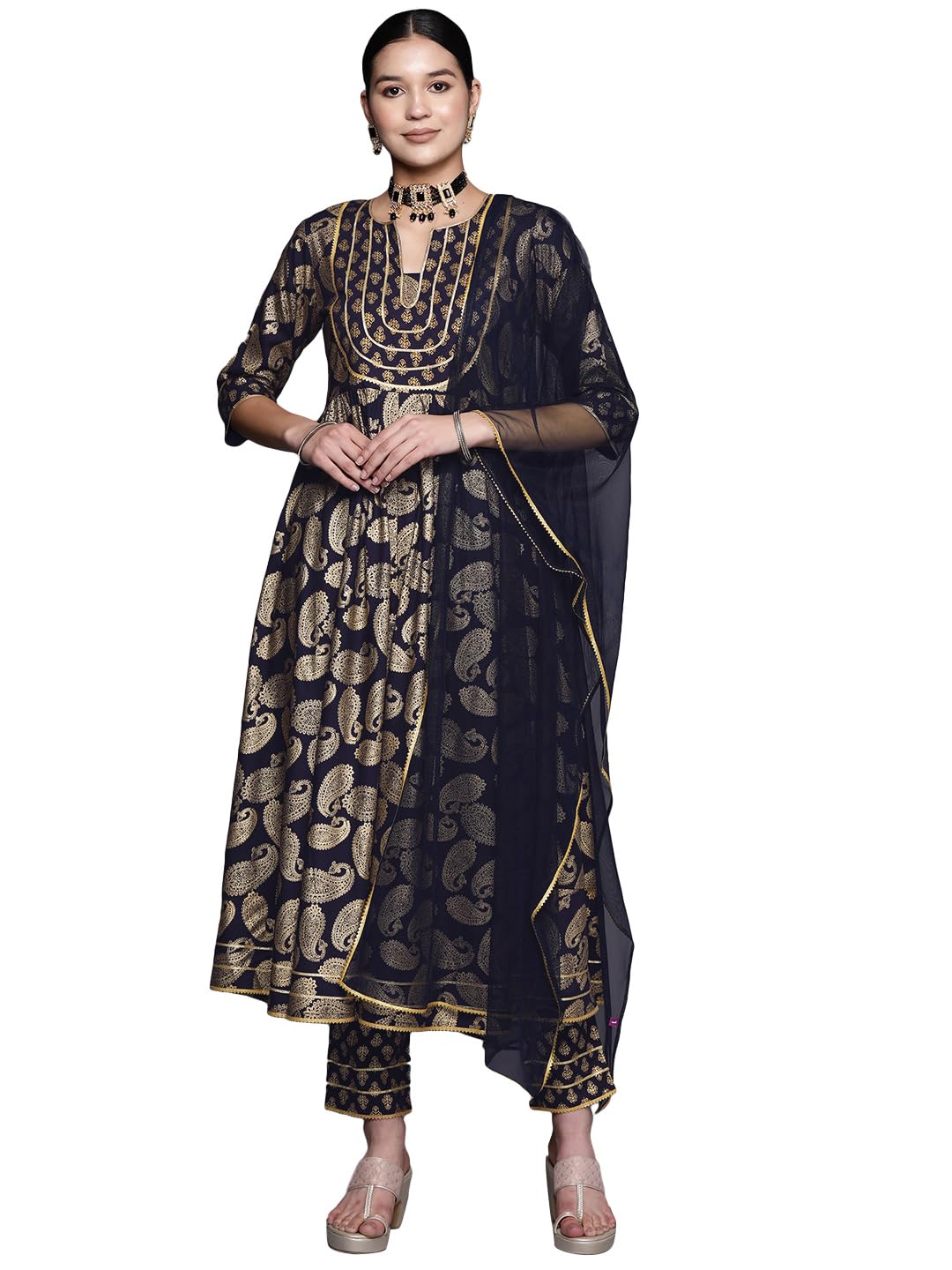 Libas Women Blue Printed Rayon Anarkali Kurta With Trousers & Dupatta Set