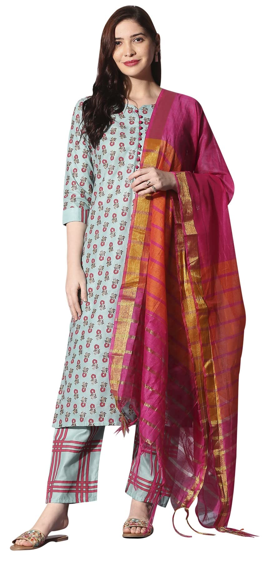 ANNI DESIGNER Womens Cotton Straight Kurta with Pant & Dupatta (KPTD-COT-10004-LIGHT GREEN_M_Light Green_Medium)