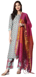 ANNI DESIGNER Womens Cotton Straight Kurta with Pant & Dupatta (KPTD-COT-10004-LIGHT GREEN_M_Light Green_Medium)