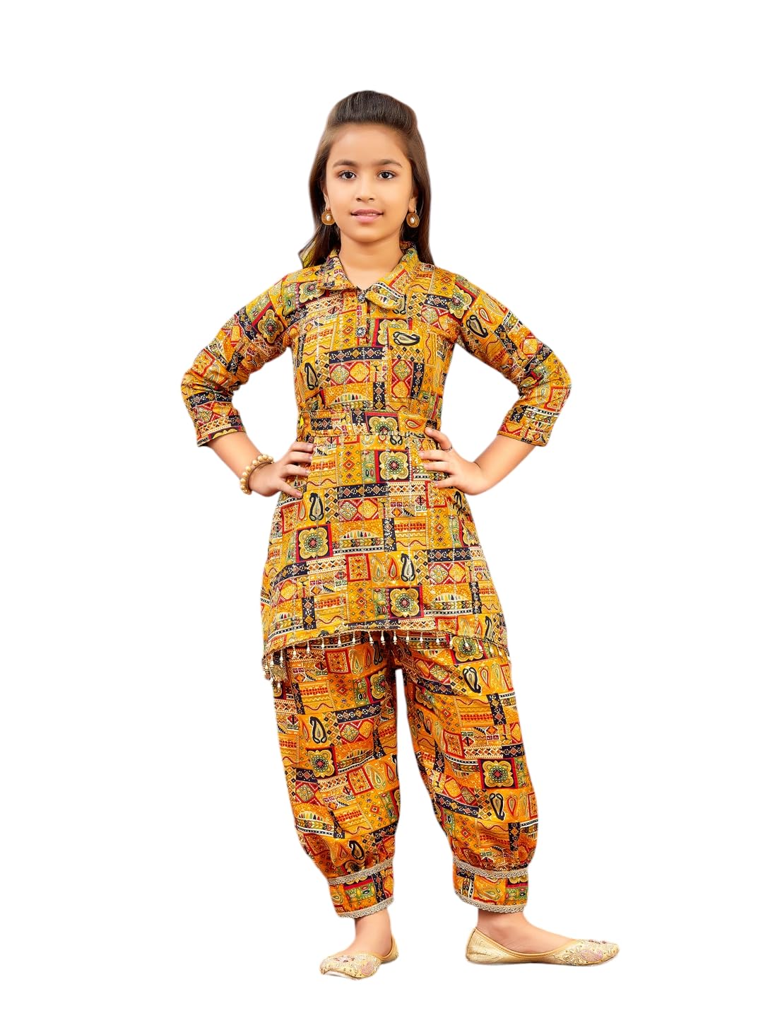 Aarika Girls Ethnic Wear Mustard Colour Abstract Printed Cotton Kurti Patiala Set With Belt (4-10 Years)