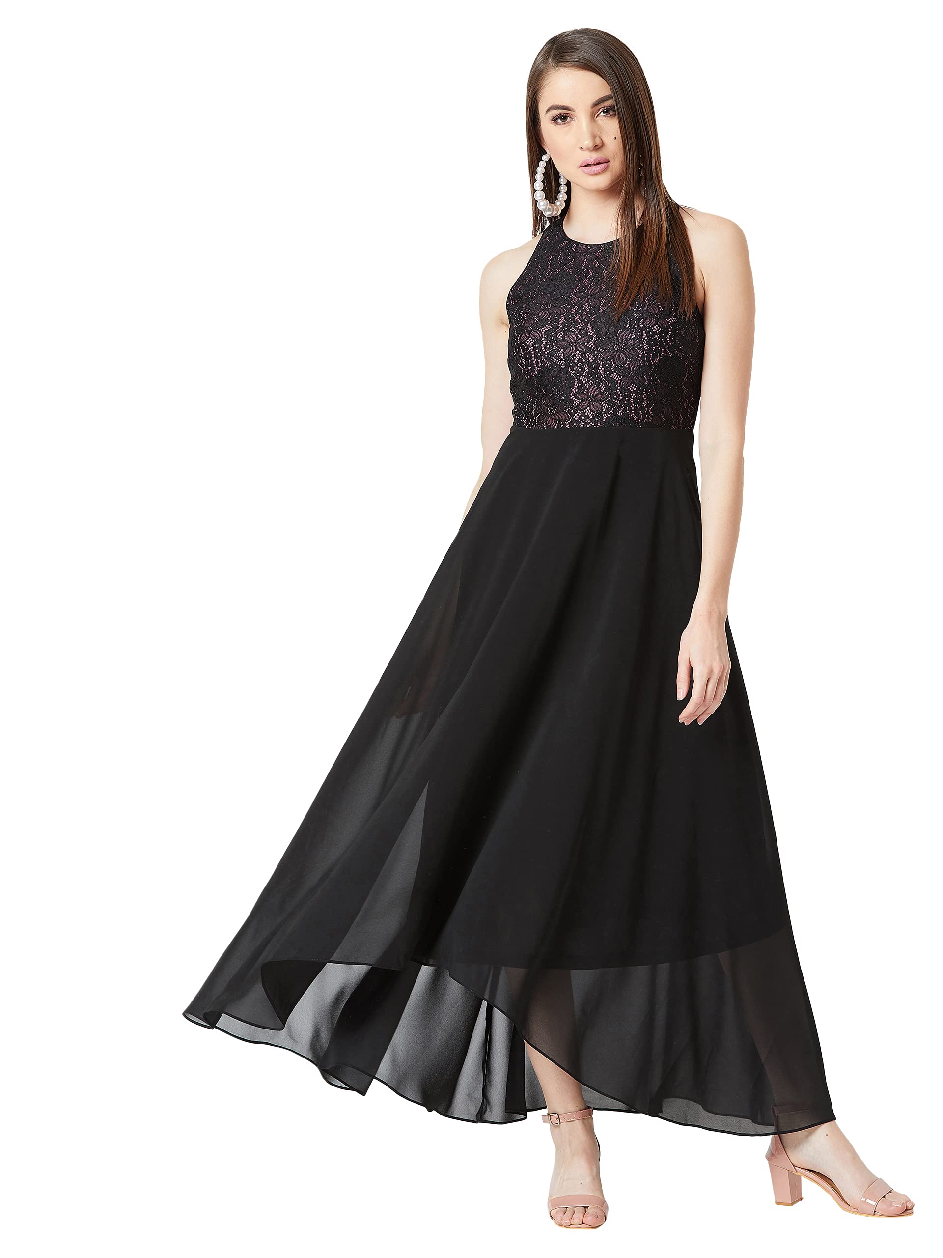 Miss Chase WomenS Lavender And Black Halter Neck Sleeveless Floral Lace Maxi Dress(Mcss20D06-09-220-02_Multicolor_Xs)