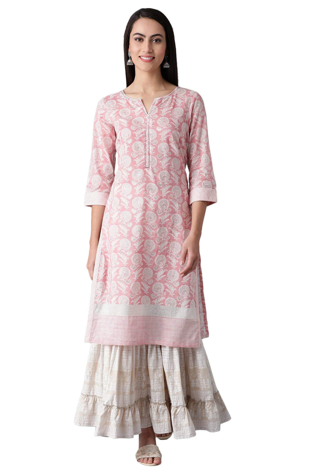 W For Woman Light Pink Floral Printed Cotton Regular Kurta with Sequins