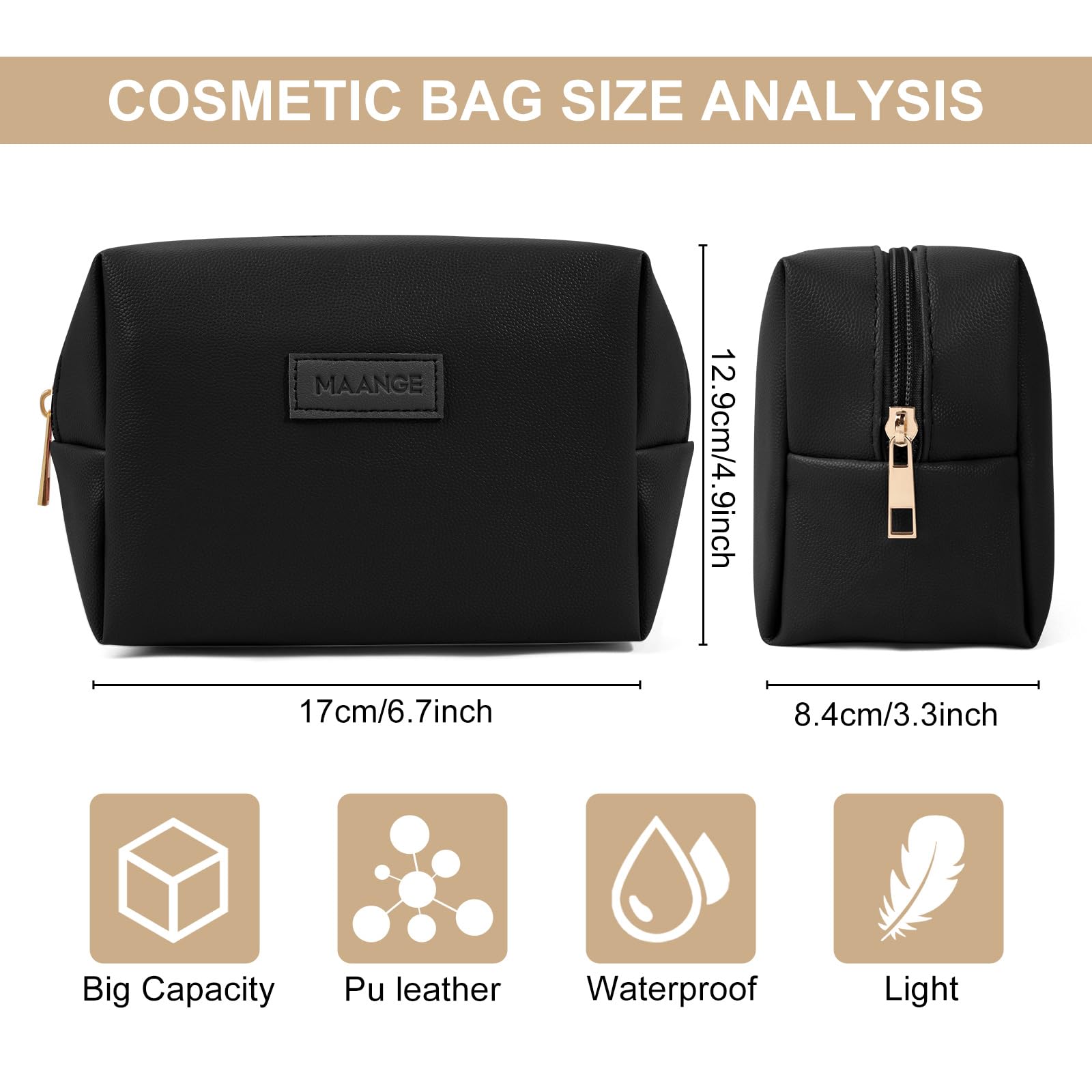 MAANGE Small Makeup Bag For Purse, Travel Cosmetic Bag Makeup Pouch PU Leather Portable Versatile Zipper Pouch For Women