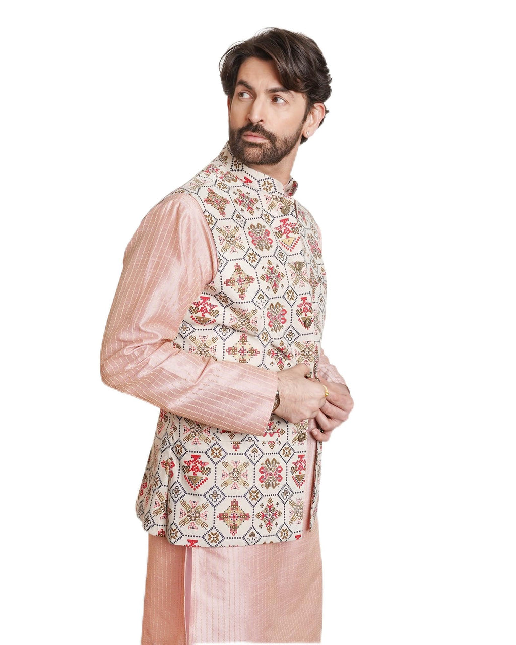 Sojana (Since 1958) Mens Cotton Linen Cream & Multi Printed ONLY Nehru Jacket