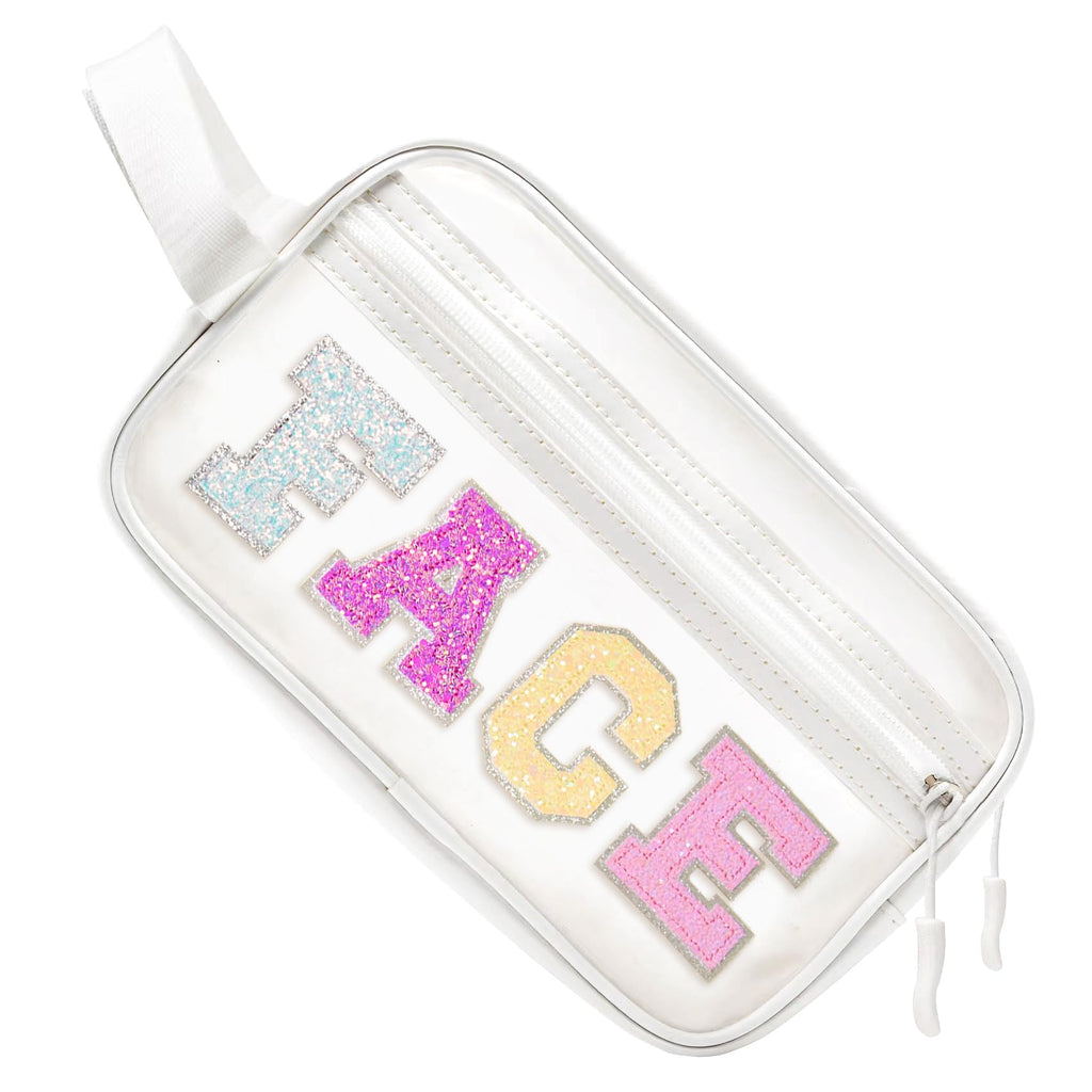 COSHAYSOO Clear Preppy Patch Makeup Bag Cosmetic Pouch with Glitter Bling Letters for Women Teen Girls Sister, Make Up Travel St