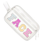 COSHAYSOO Clear Preppy Patch Makeup Bag Cosmetic Pouch with Glitter Bling Letters for Women Teen Girls Sister, Make Up Travel St