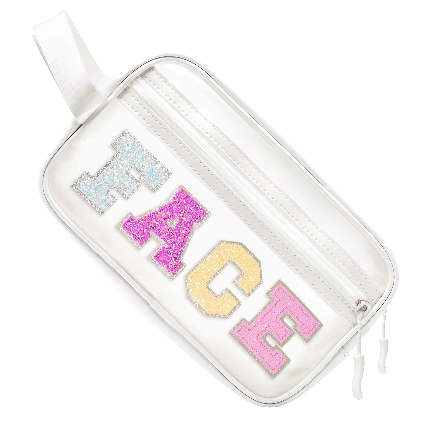 COSHAYSOO Clear Preppy Patch Makeup Bag Cosmetic Pouch with Glitter Bling Letters for Women Teen Girls Sister, Make Up Travel St
