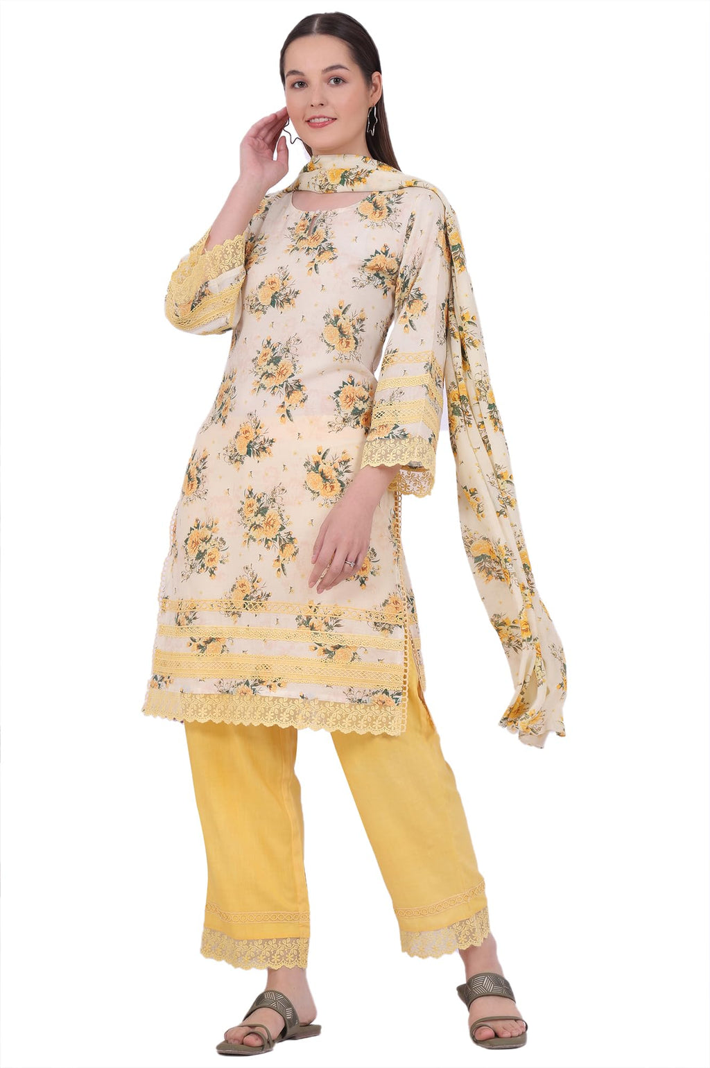Aurelia Women'S Yellow Printed Straight Kurta With Palazzo & Dupatta Set (Size: S)-As15556-508785