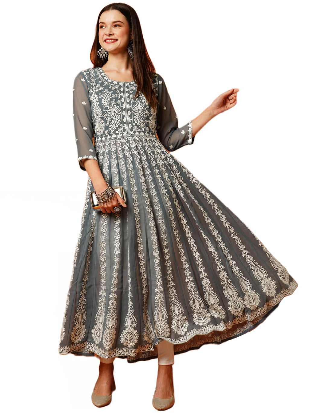 ANNI DESIGNER Women's Georgette Chikankari Embroidered Anarkali Kurti (Kari Grey-KDS_XXL_Grey_XX-Large)