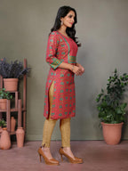 rangita Red Cotton Knee Length Embroidered Straight Kurti