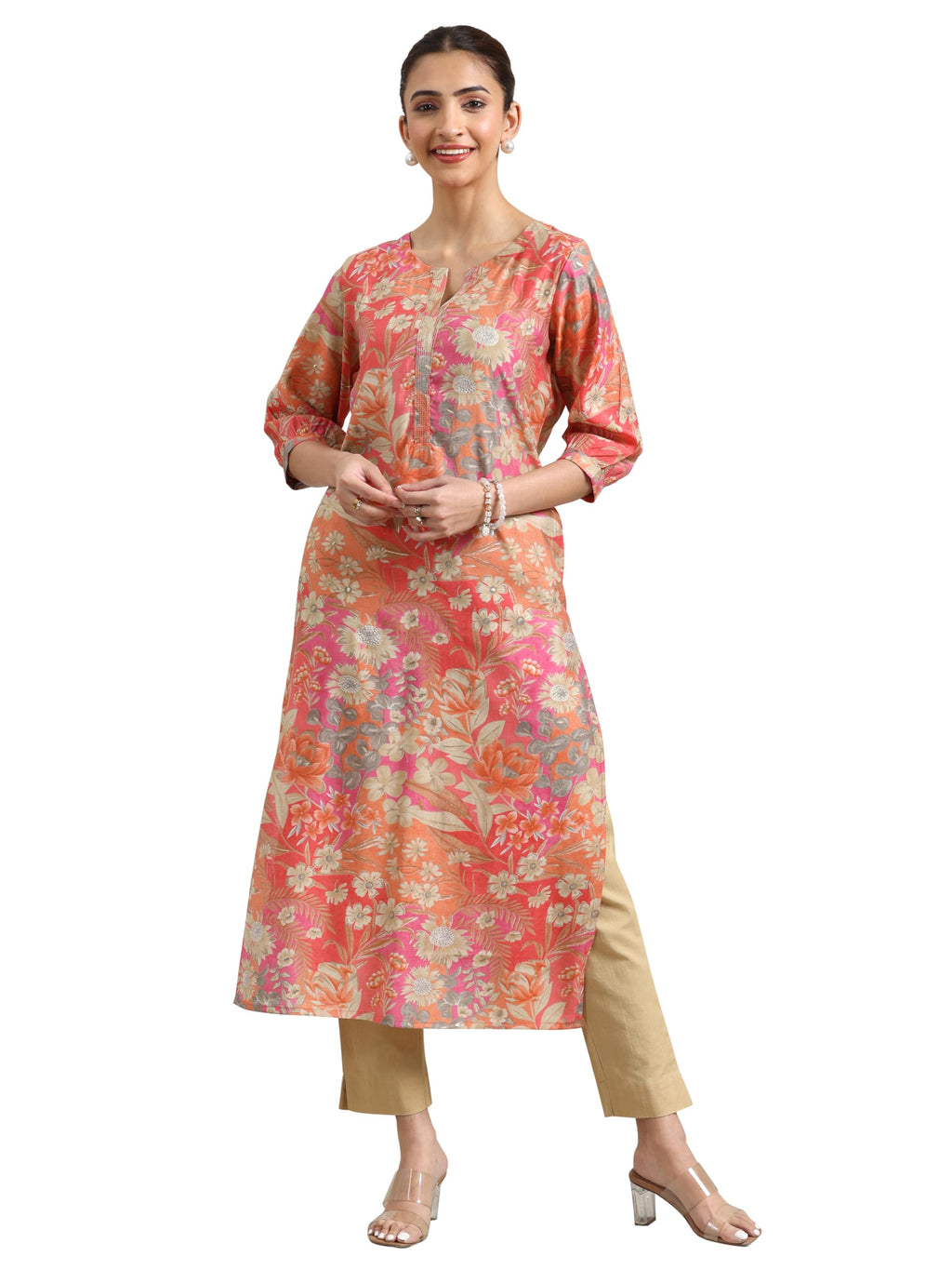 Libas Womens Silk Blend Printed Regular Kurtas (29476OC_Peach