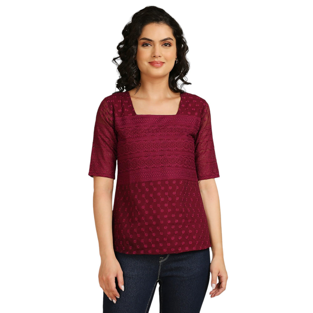 Gufrina WomenS Georgette Top With 3/4Th Sleeves Square Neck Embroidery Work Solid Pattern Regular Fit And Standard Length