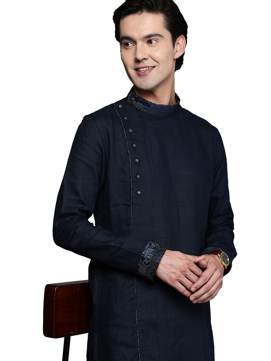 Manyavar Mens Kurta, Long Sleeves Mandarin Collar Ethnic Knee Length Kurta Only, Kurta for Festival, Wedding, Party & Anniversa
