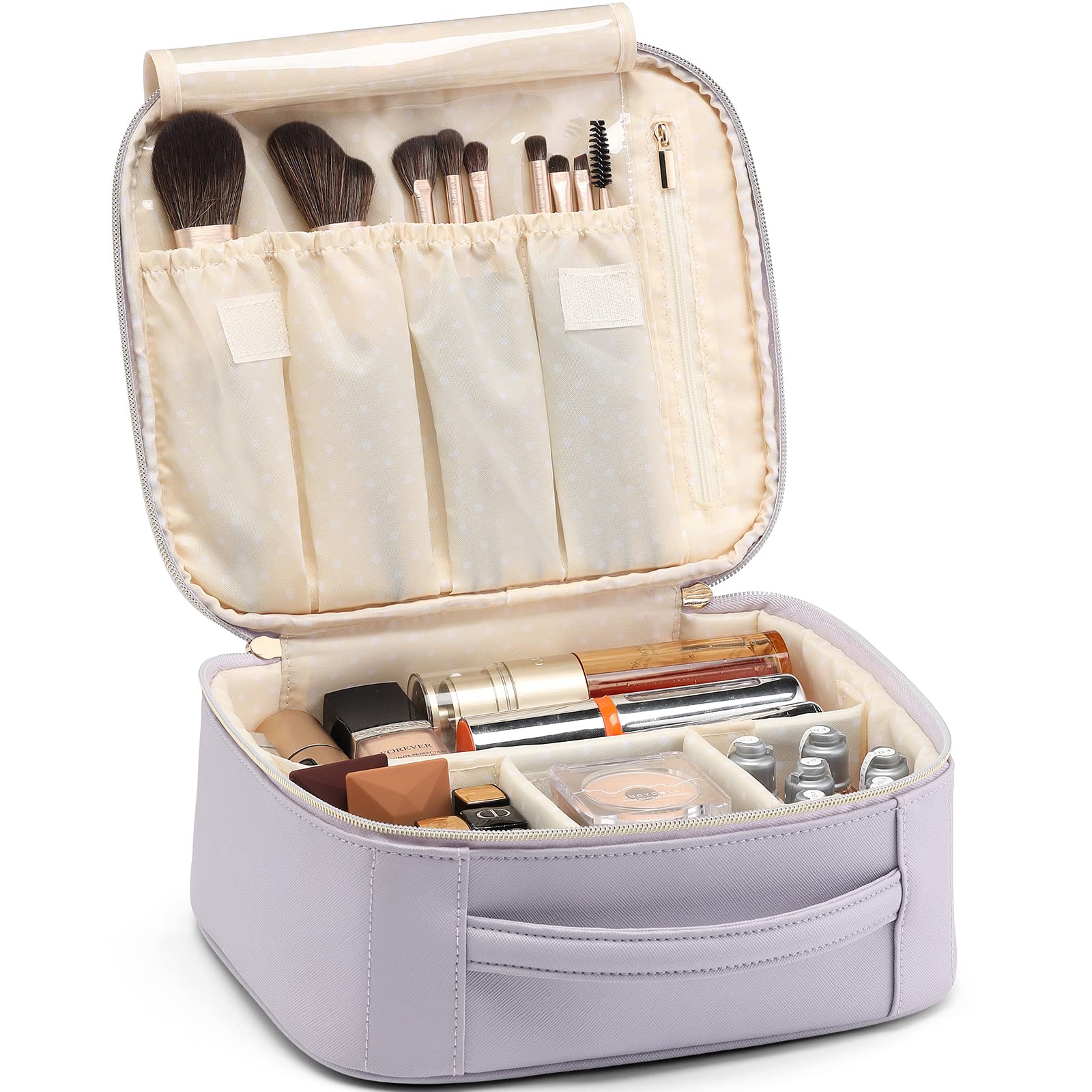 Vlando Makeup Bag Travel Cosmetics Bag Faux Leather Make up Bag Portable Artist Storage Bag with Adjustable Dividers for Cosmeti