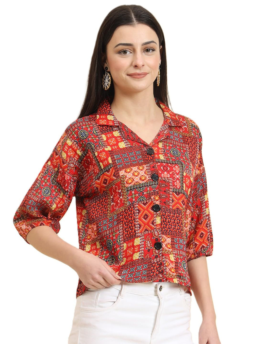 Vairagee Women Cotton Blend Red Striped Pattern V-Collar Three Quarter Sleeves Stylish Boxy Shirt (1730_2)