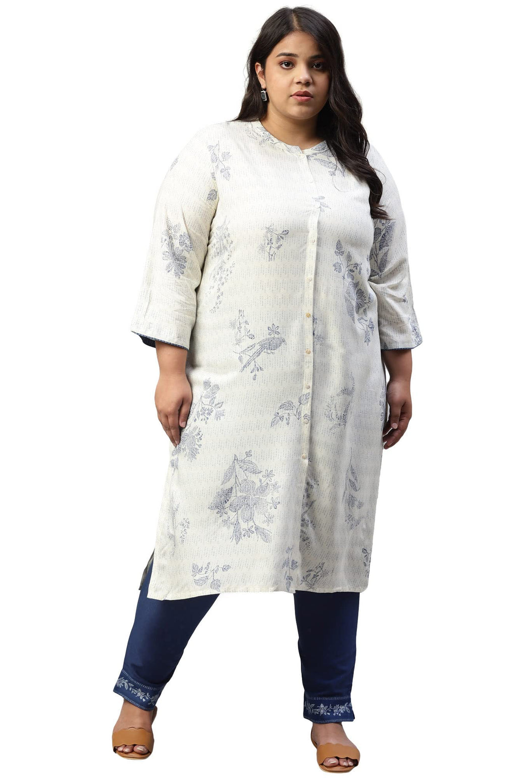 W For Woman Plus Size Ecru And Blue Button Down Kurta_22Auw18088G-118651_4Xl