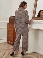 Greciilooks Women Co Ord Set| Geo Print Button Front With Wide Leg Pants| Long Sleeve Shirt| Straight Geo Printed Pant| Women Tw