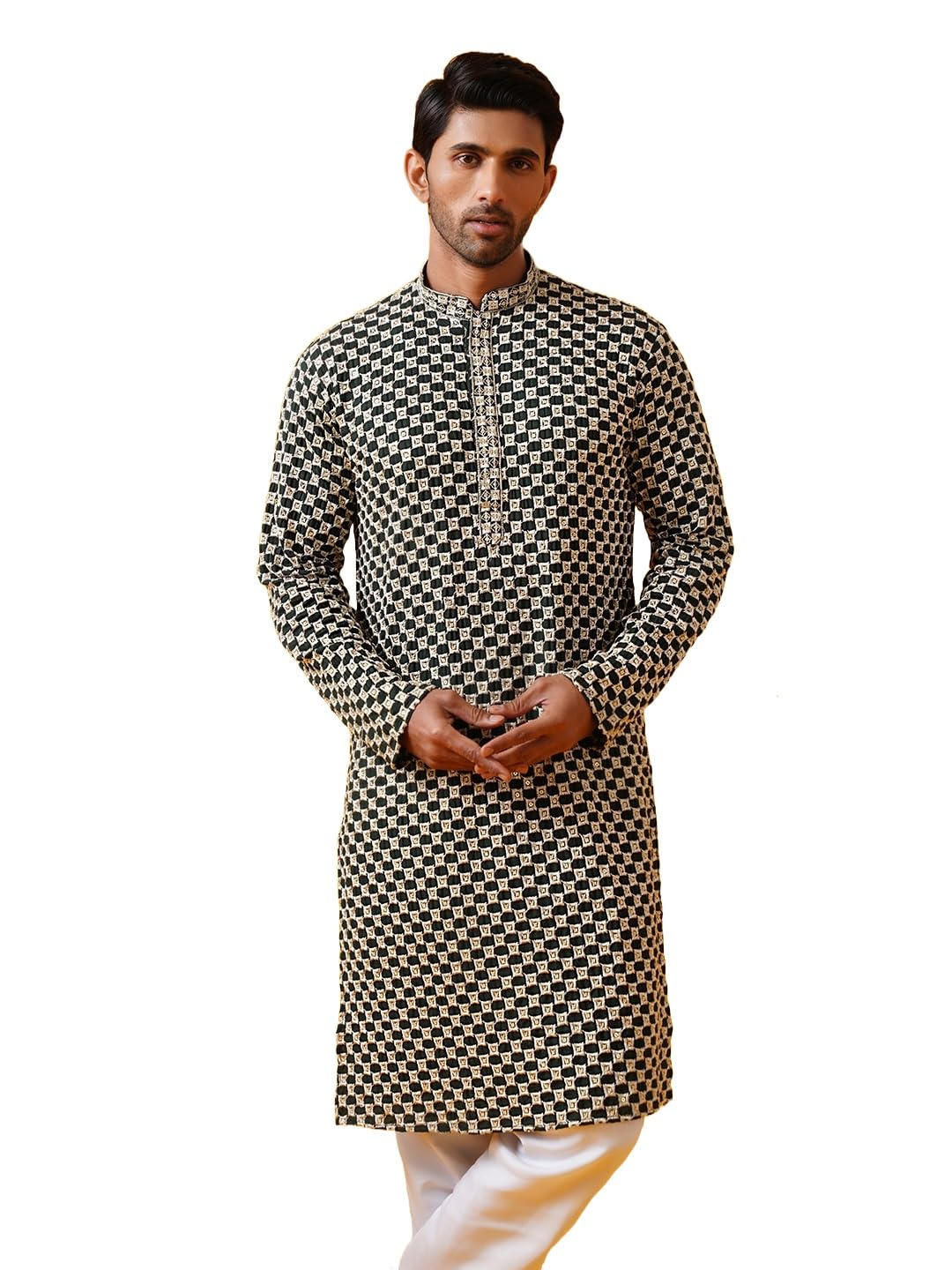 SOJANYA (Since 1958 Mens Cotton Rayon Sequinned cheeku Thread eEmbroidered Green Long Kurta