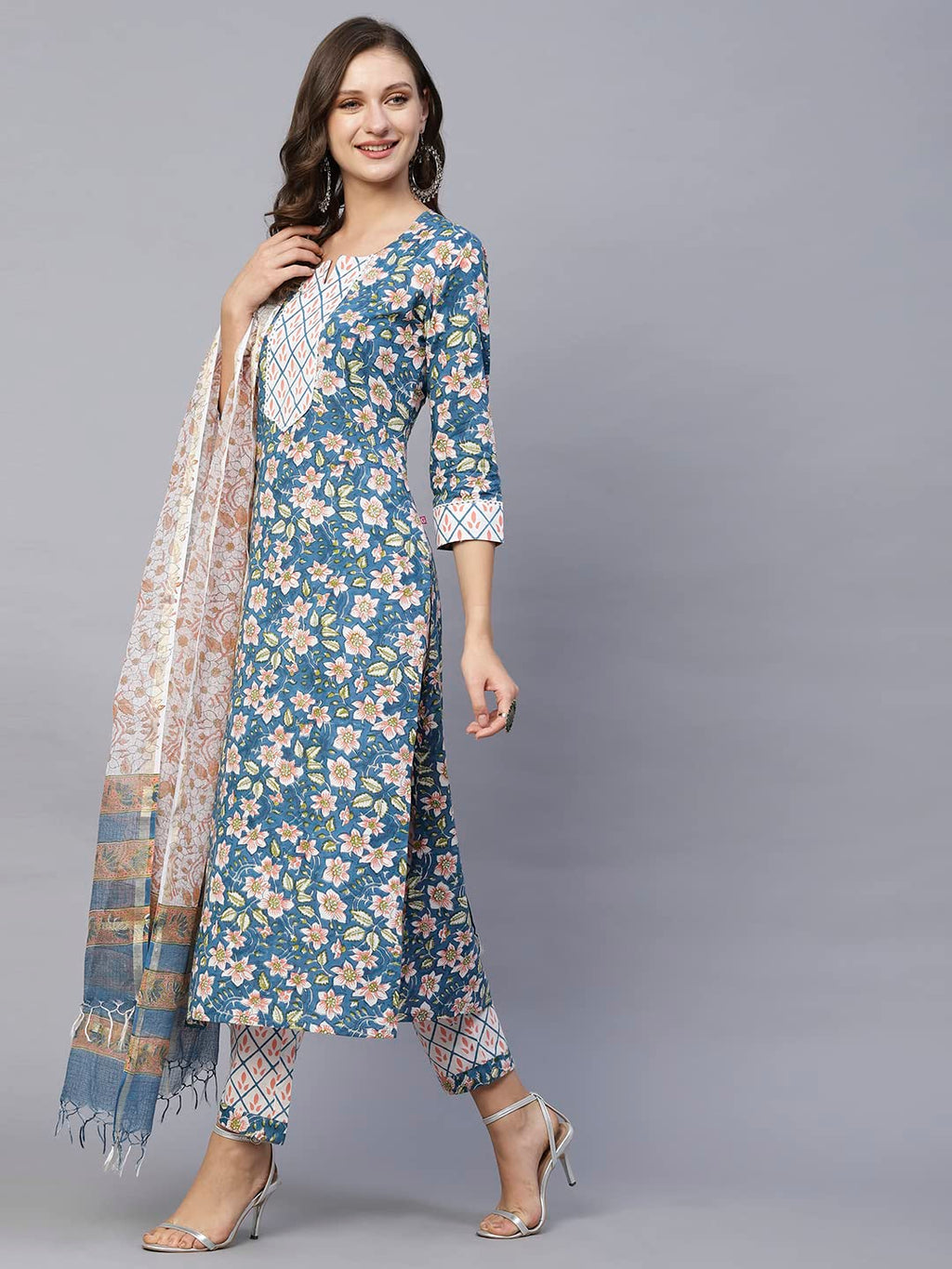 ANNI DESIGNER Womens Cotton Blend Straight Printed Kurta with Pant & Dupatta (Kuntu Green_XXL_Green_XX-Large)