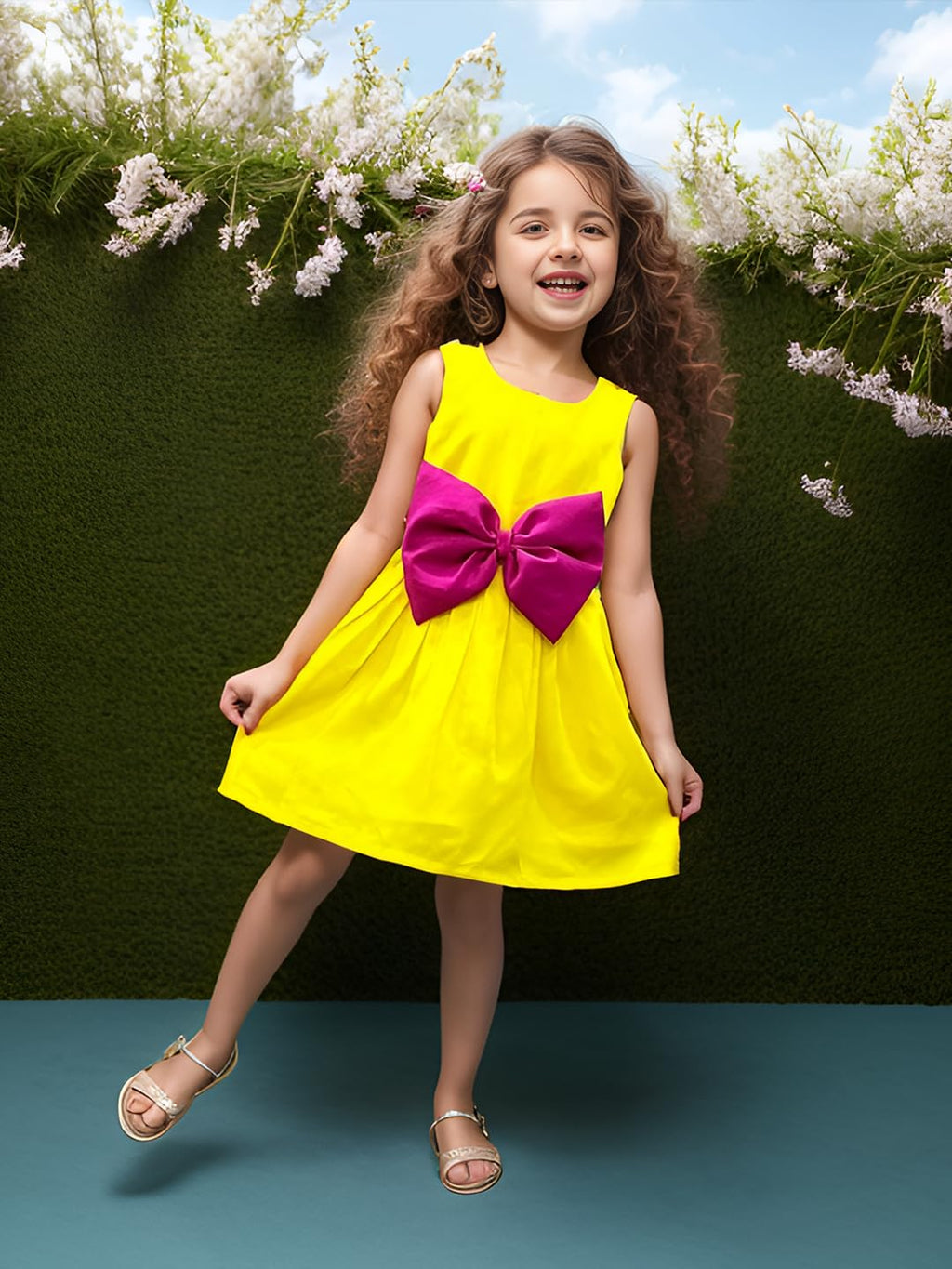 A.T.U.N. (ALL THINGS UBER NICE) Yellow Floral Printed Pam Bow Dress for Girls
