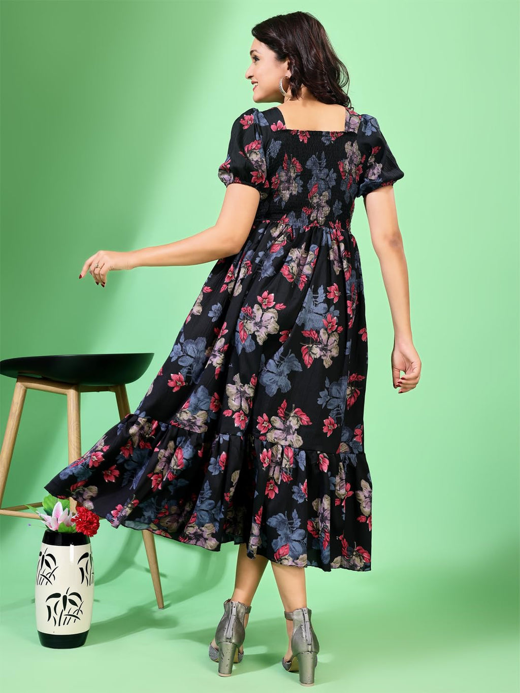 Kuduzo WomenS Cotton Blend Ruffle Midi Dress With Floral Print Short Sleeves Knee Length Regular Fit And Square Neck Black