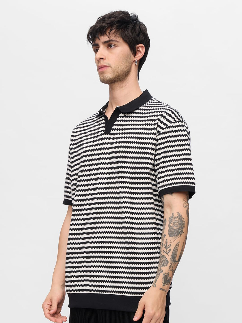 The Souled Store Jacquard Polo: Monochrome Men and Boys Short Sleeves Collared Neck Striped Cotton Blend Streetwear Trendy Drop