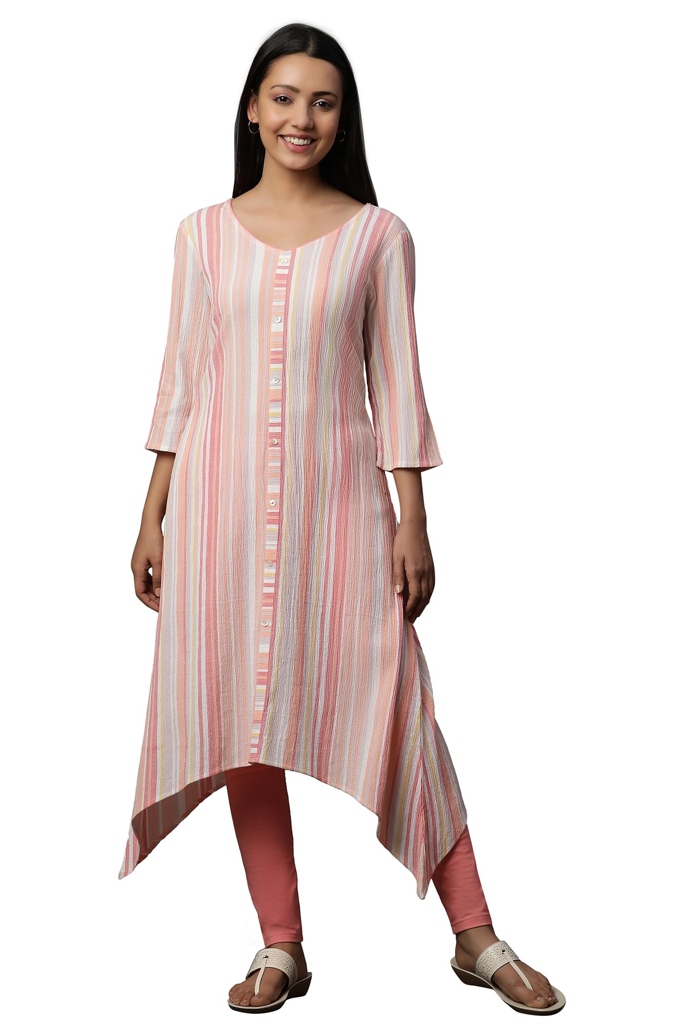 Aurelia Women Striped Cotton A-line Kurta_24FEA14803_M Pink