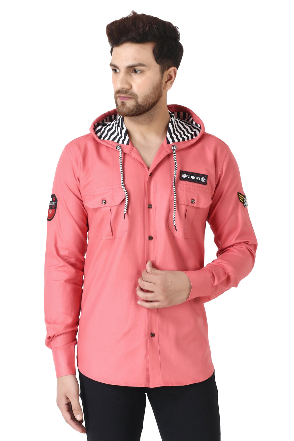 Besix MenS Pink Tailored Fit Cotton Blend Shirt For Man With Hoodie - Casual Long Sleeve Shirt With Pockets - Patch Detail For 