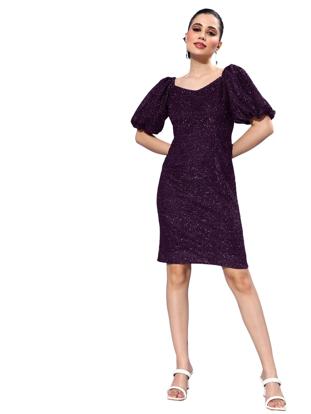 Miss Chase WomenS Dark Purple-Colored Square Neck Half Sleeve Self Design Bodycon Mini Dress (Mcaw22D16-29-289-06, Purple, Xl)