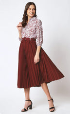 Kzully WomenS Print 3/4 Sleeve Pleated Midi Dress With Belt Maroon