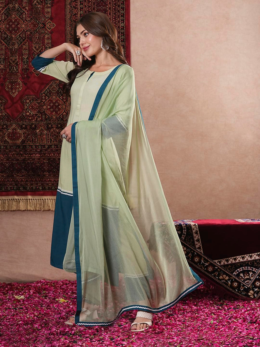 ANNI DESIGNER Ladies Plain Cotton Blend Straight Kurta with Trousers and Dupatta, green, XL