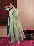 ANNI DESIGNER Ladies Plain Cotton Blend Straight Kurta with Trousers and Dupatta, green, XL