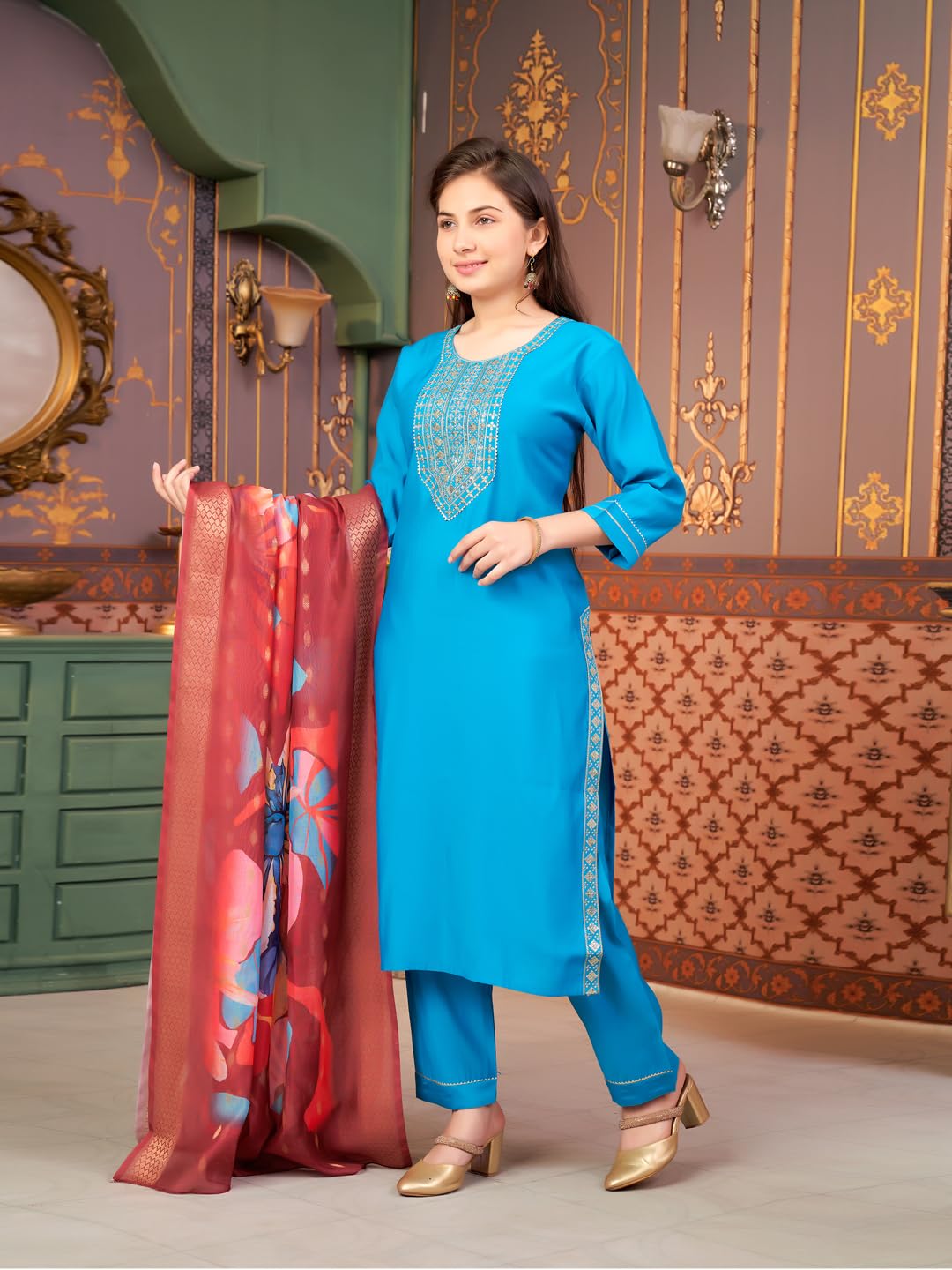 Aarika Girls Ethnic Wear Turqouise Colour Sequin Embroidery Silk Kurti Pant Set-10-15 Years (Kp-Sd-5993)