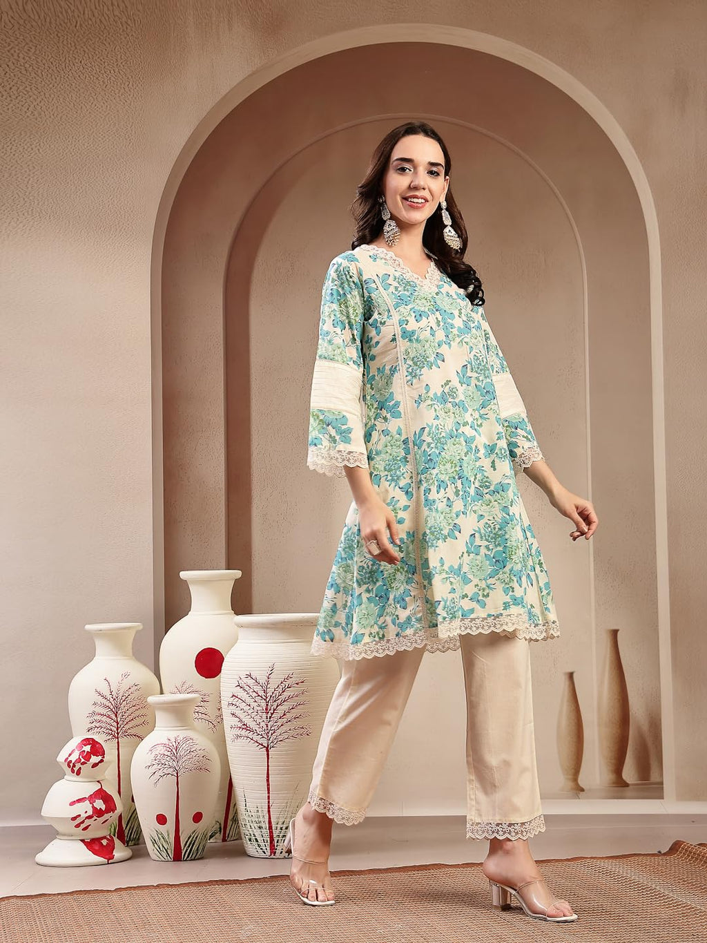 Stylum Womens Sky Blue Floral Printed Cotton Kurti Pant Set