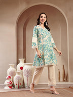 Stylum Womens Sky Blue Floral Printed Cotton Kurti Pant Set