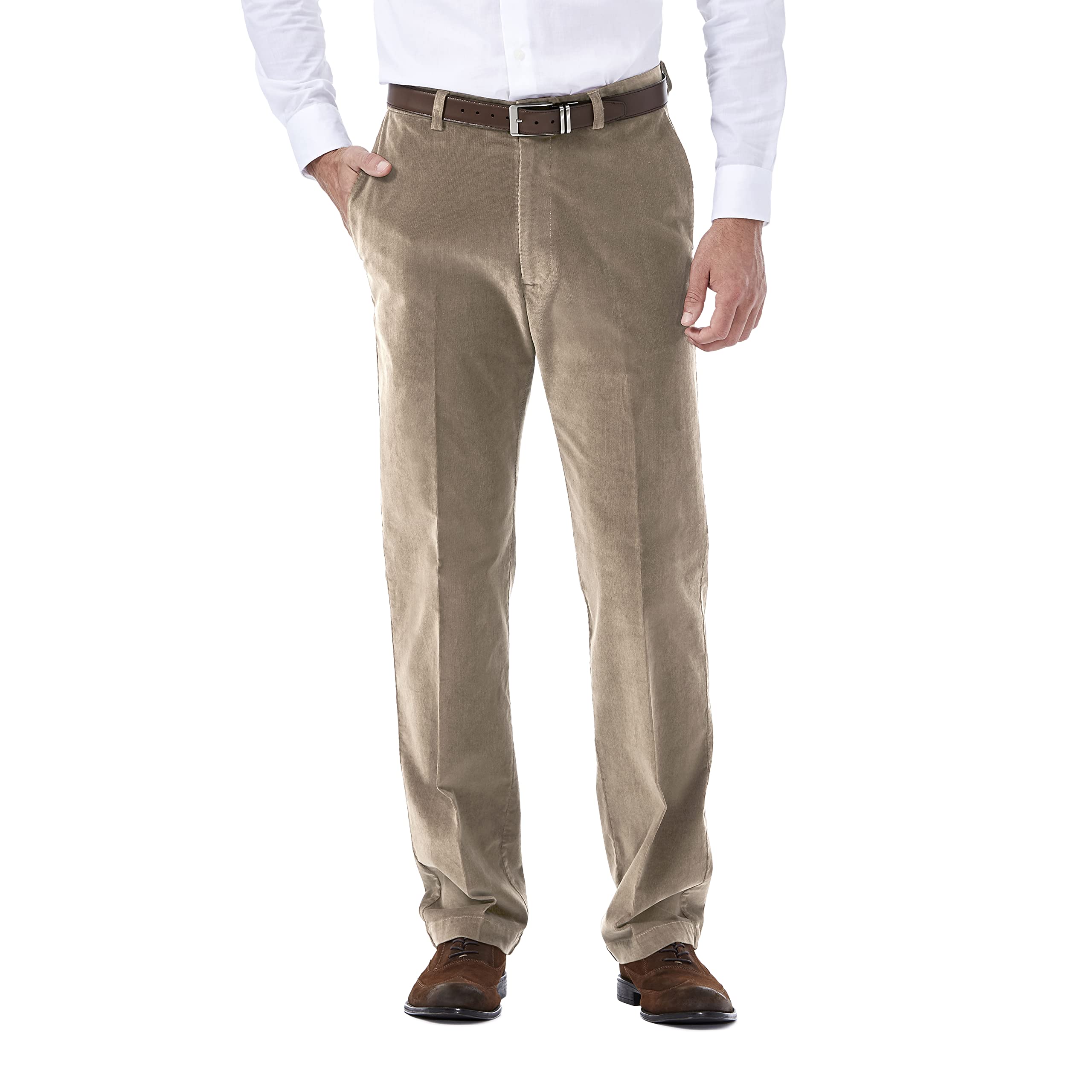Haggar Men's Corduroy Expandable Waist Classic & Straight Fit Flat Front Pant, Khaki-Classic, 42W x 29L