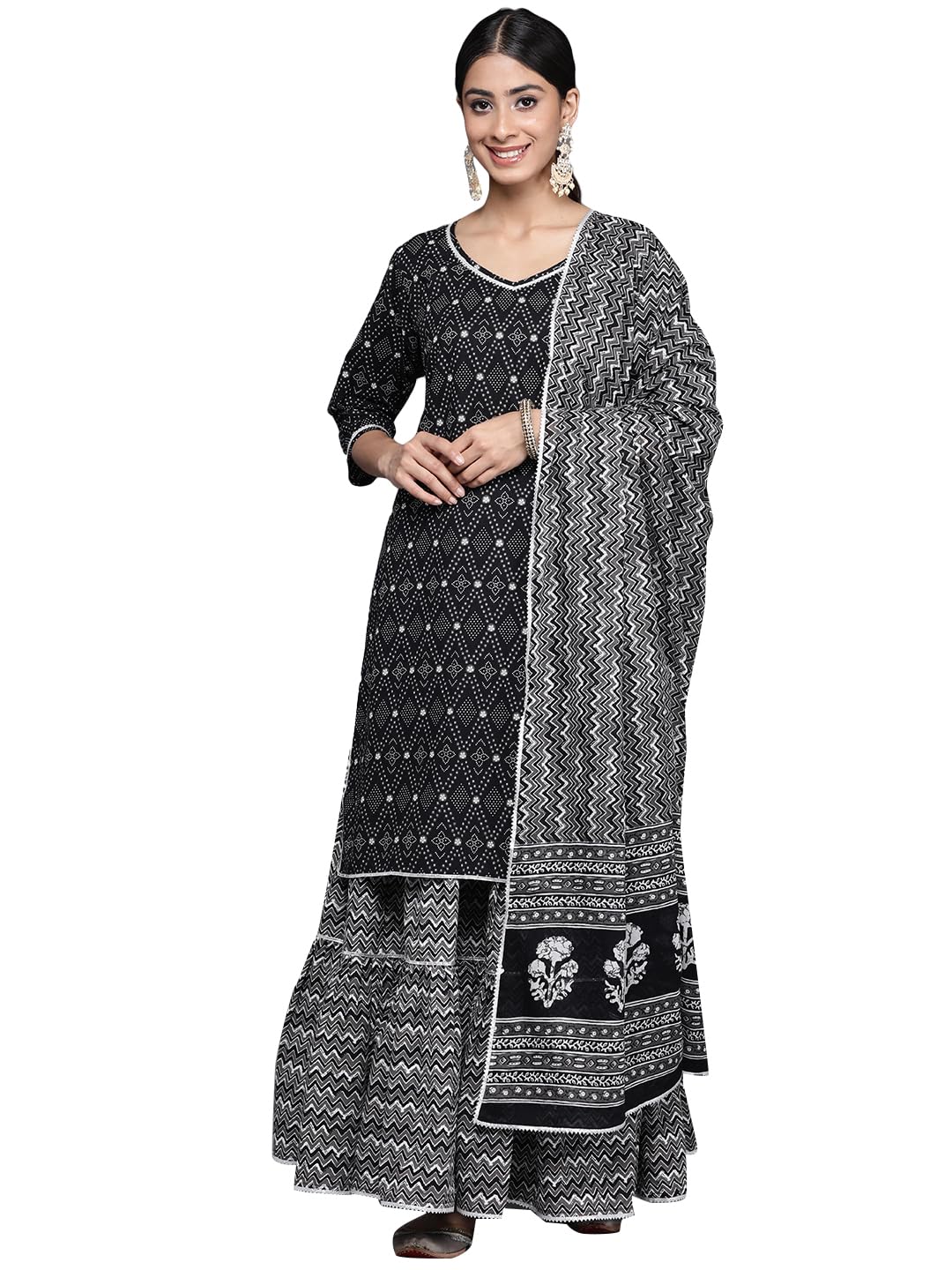 Libas Womens Printed Cotton Straight Kurta With Skirt And Dupatta