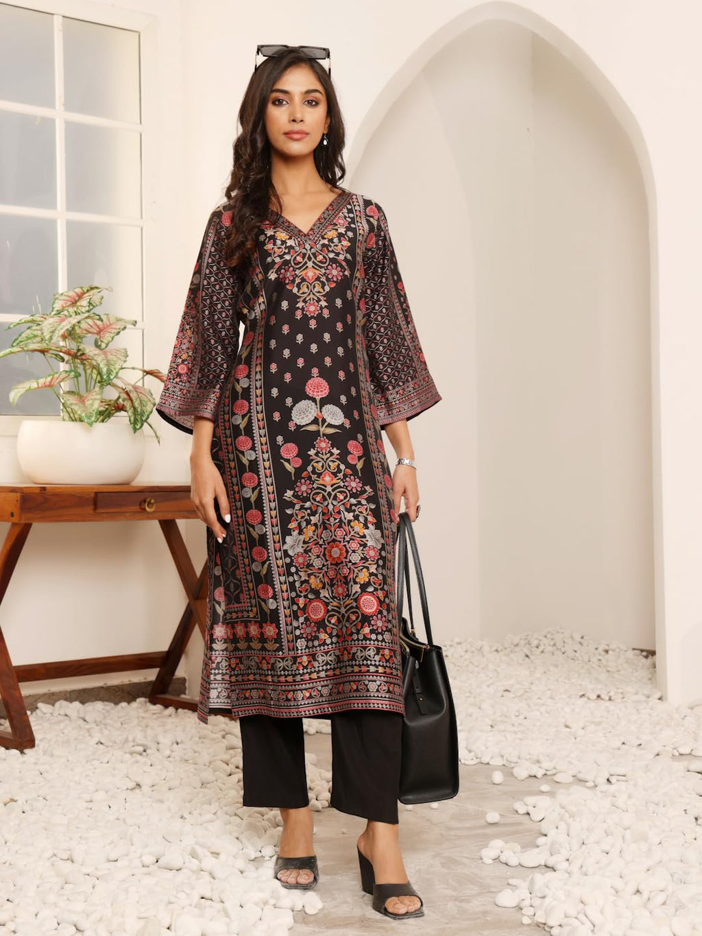 Varanga Women Black Floral Printed Kurta With Solid Trouser  Comfortable Cotton Set For Casual Outings, Versatile Design For All
