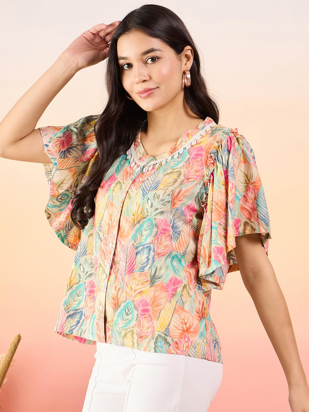 Modeve Women Multicolor Floral Print Bell Sleeves Top