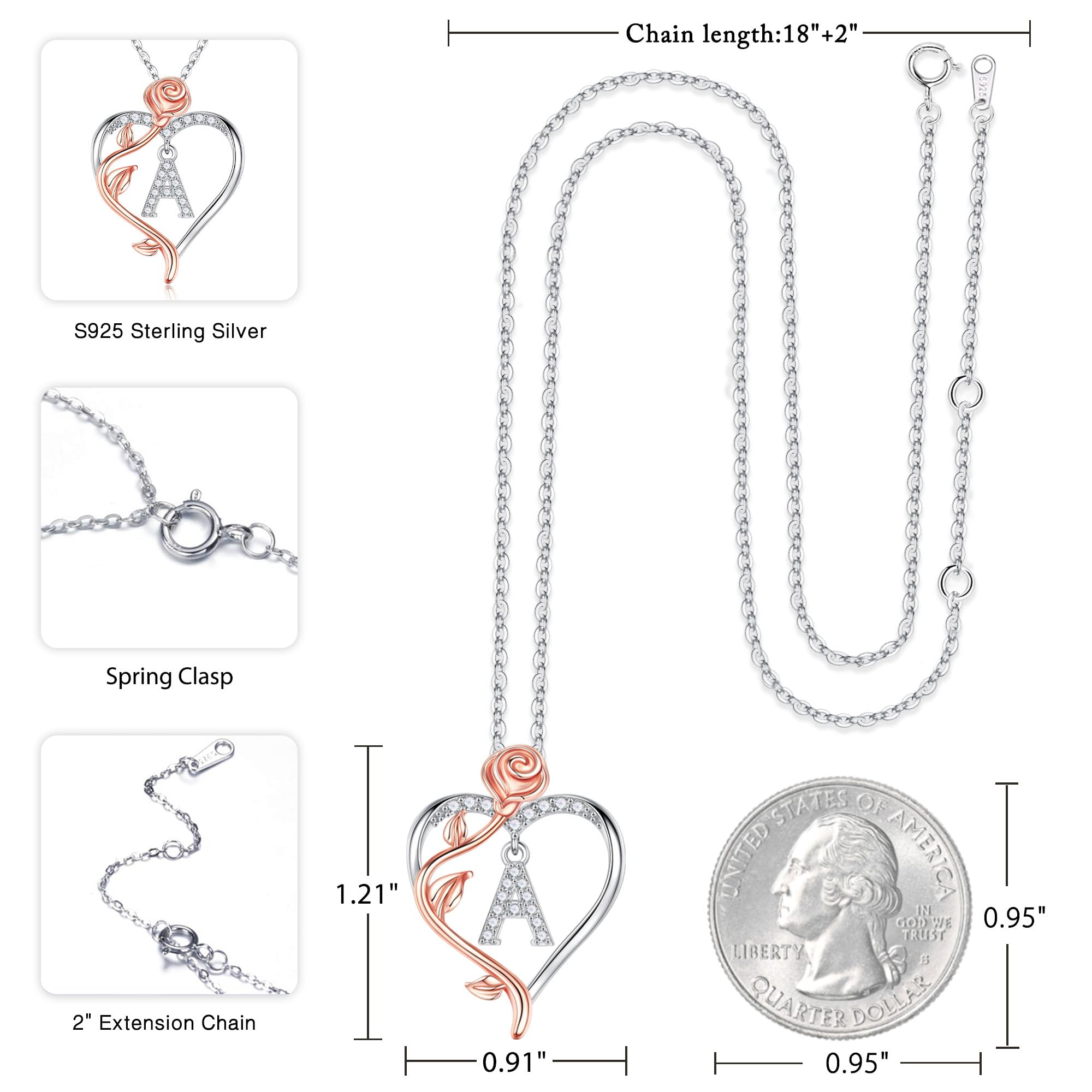 Dainty Necklace for Women, Dainty Rose Love Heart Initial R Letter Pendant Necklace Jewelry Mothers Day Valentines Christmas Gif