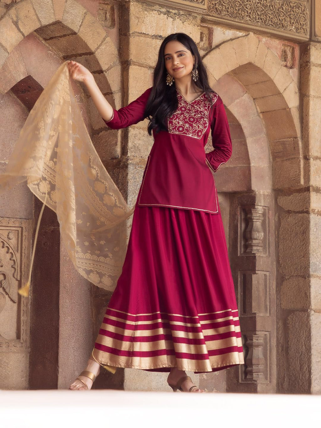 Aurelia Embroidered Maroon Blend Dori Kurta Dupatta Bottomwear