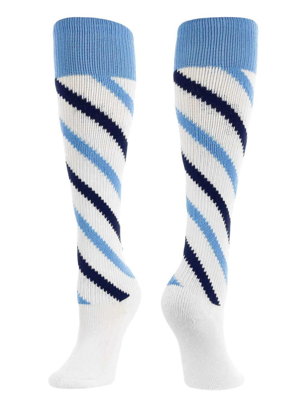 TCK Candy Stripes Knee High softball Socks (White/Columbia Blue/Navy, Medium)