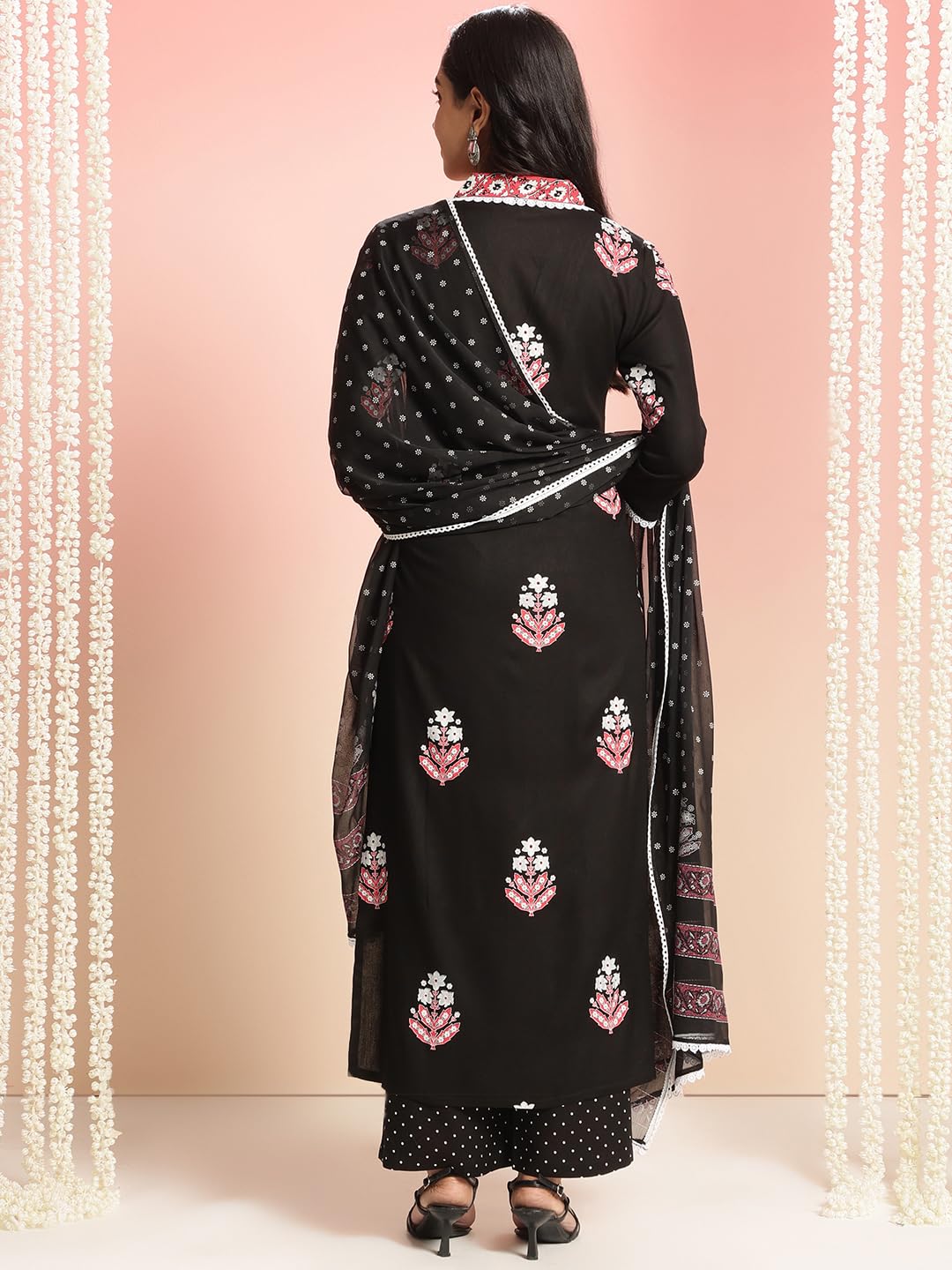 ANNI DESIGNER Women s Rayon Viscose Print Straight Kurta with Pants & Dupatta, Black, 38