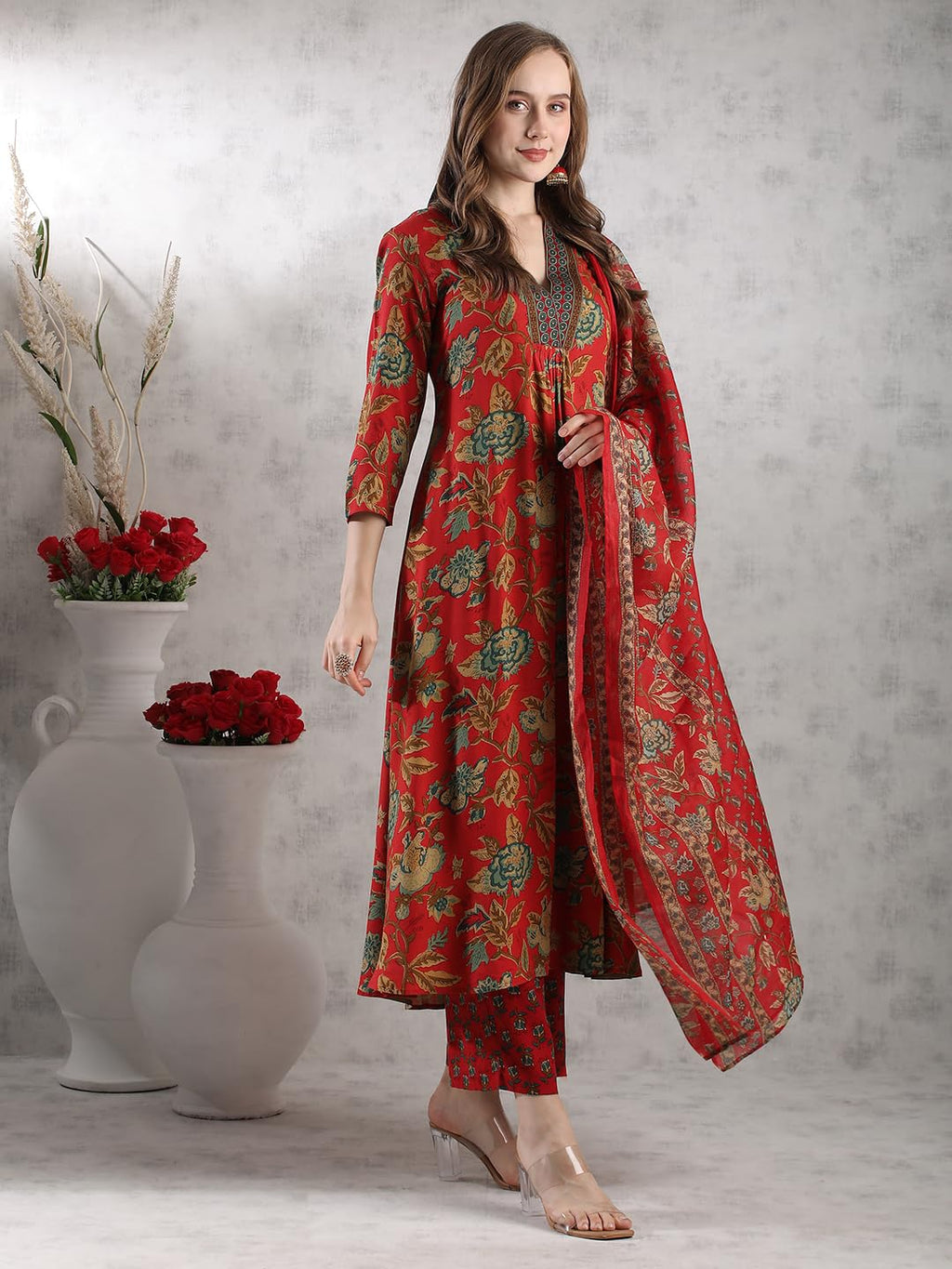 ANNI DESIGNER Women s Palazzo and Dupatta Rayon Blend Kurta, Red, 44