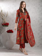 ANNI DESIGNER Women s Palazzo and Dupatta Rayon Blend Printed Kurta, Red, 44